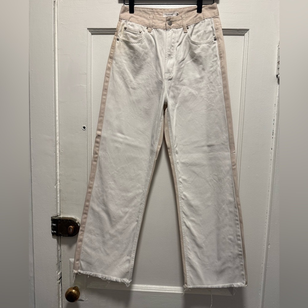 White and Tan Wide-Leg Ankle Pants